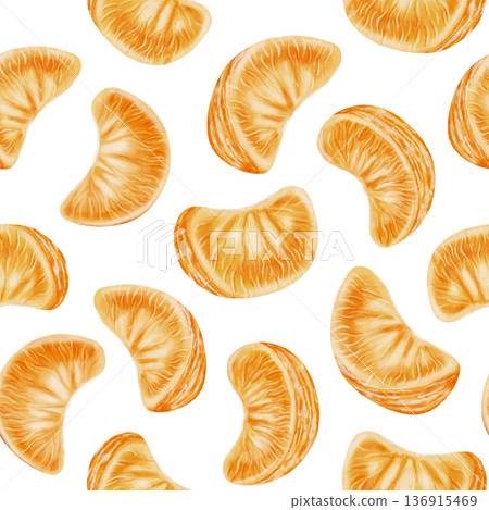 A seamless watercolor pattern with mandarin slices. The vibrant orange citrus fruits are hand-drawn. Suitable for textiles, wallpaper, winter holiday designs, packaging, and recipes 136915469