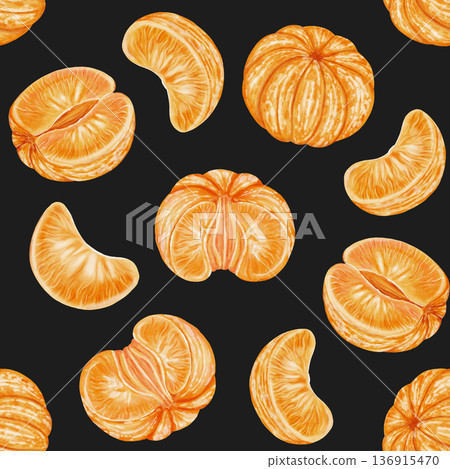 Watercolor seamless pattern featuring peeled tangerines and slices. The vibrant orange citrus fruits are hand-drawn. Suitable for textiles, wallpaper, winter holiday designs, packaging, and recipes Watercolor seamless pattern featuring peeled tangerines and slices. The vibrant orange citrus fruits are hand-drawn. Suitable for textiles, wallpaper, winter holiday designs, packaging, and recipes 136915470