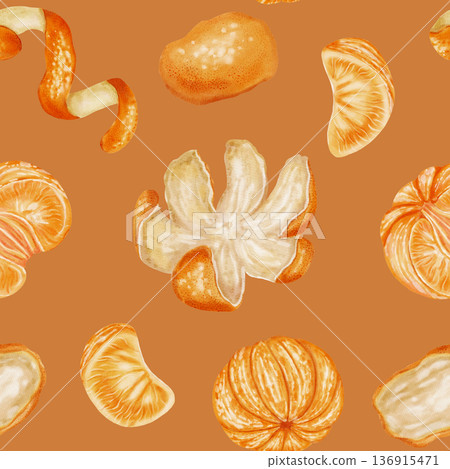 Watercolor seamless pattern featuring peeled tangerines, slices, peels, and zest. The orange citrus fruits are hand-drawn. Suitable for textiles, wallpaper, winter holiday designs, packaging, recipes 136915471