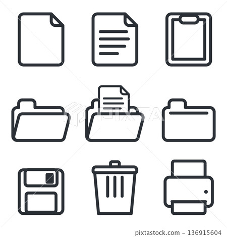 Business icon set Documents and folders Paperwork Clipboard Floppy Trash Can Printer 136915604