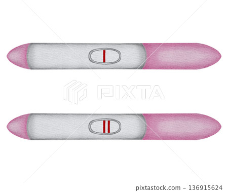 Watercolor illustration of two pregnancy tests showing positive and negative results. Hand drawn art for family planning, maternity, medical, and pregnancy announcement designs 136915624