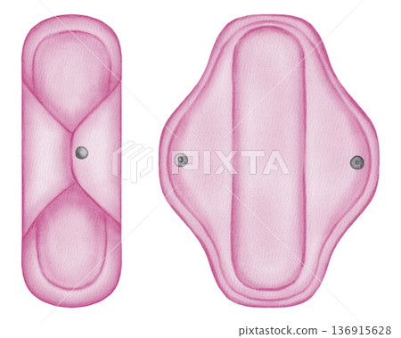 Watercolor illustration of a reusable cloth menstrual pad with snaps. Eco-friendly feminine hygiene and zero waste period products concept. Watercolor illustration of a reusable cloth menstrual pad with snaps. Eco-friendly feminine hygiene and zero waste period products concept. 136915628