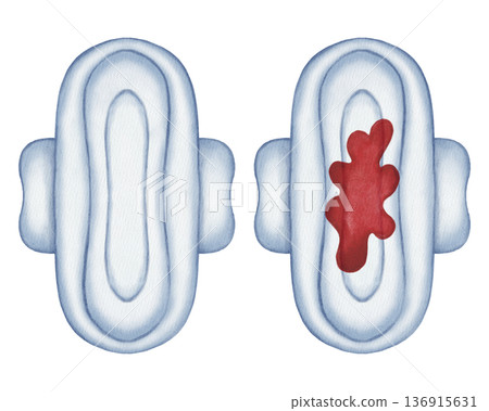 Hand-drawn watercolor sanitary pads illustration. One clean pad and one with a red blood spot, representing menstrual flow and period reality. Ideal for healthcare and educational use 136915631