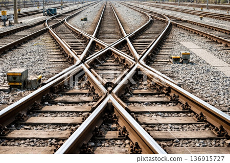 Railway junction with multiple intersecting tracks and switches in transportation infrastructure 136915727