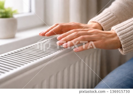 Female hands warming over home radiator heater during cold winter day indoors Female hands warming over home radiator heater during cold winter day indoors 136915730