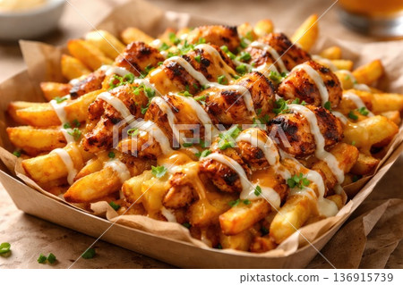 Loaded fries with grilled chicken cheese sauce and herbs close up fast food dish 136915739
