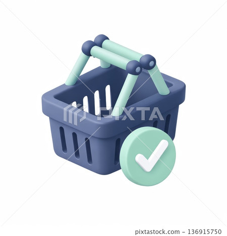 Shopping basket icon with check mark symbol representing online purchase confirmation Shopping basket icon with check mark symbol representing online purchase confirmation 136915750
