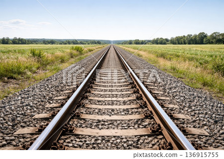 Endless railway track stretching through green countryside landscape under clear blue sky 136915755