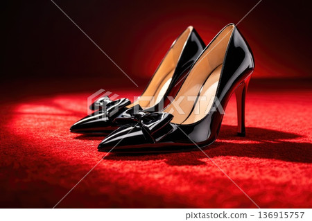 Elegant black high heel shoes on red carpet luxury fashion concept Elegant black high heel shoes on red carpet luxury fashion concept 136915757