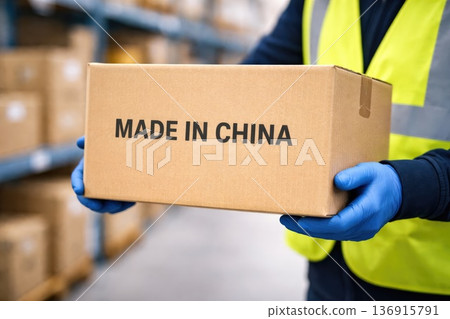 Parcel box marked Made in China held by worker wearing safety gloves 136915791
