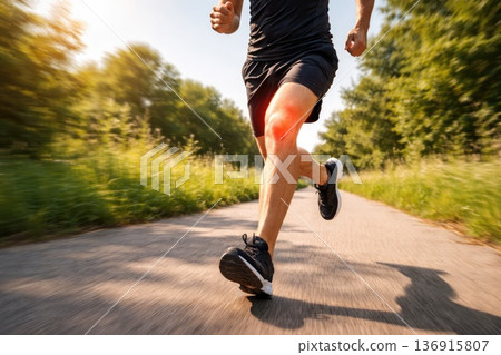 Runner jogging on forest road with highlighted knee pain injury during workout 136915807