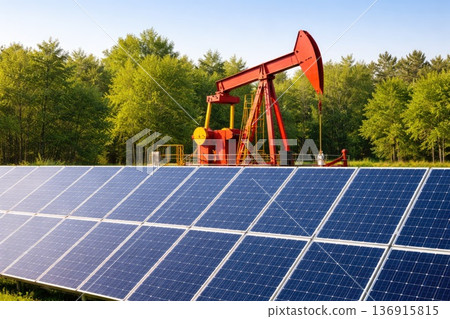 Oil pump jack near solar panels representing traditional and renewable energy coexistence Oil pump jack near solar panels representing traditional and renewable energy coexistence 136915815