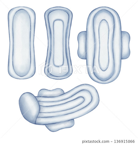 Set of watercolor illustrations of menstrual pads in various shapes. A feminine hygiene product for protection and comfort during menstruation. 136915866