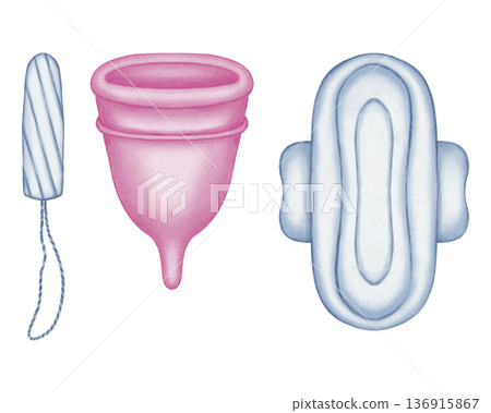Set of watercolor illustrations of menstrual accessories: a menstrual cup, a tampon, and various sanitary pads panty liners, night pads, and pads with wings. Women's Health and Hygiene 136915867