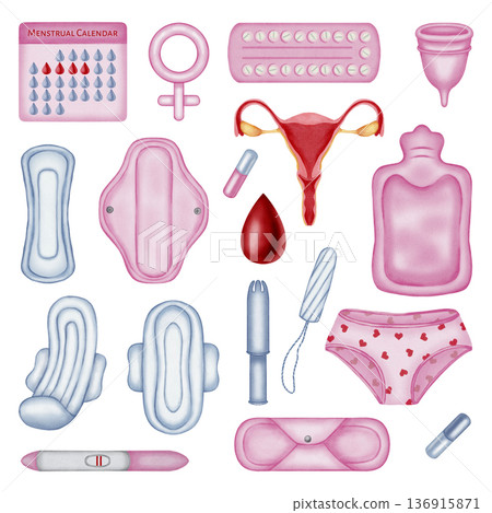 Watercolor feminine health and period care collection. Menstrual cycle elements: uterus, pads, tampons, cup, birth control, pregnancy test, calendar and hot water bottle. Hand-drawn illustration. 136915871