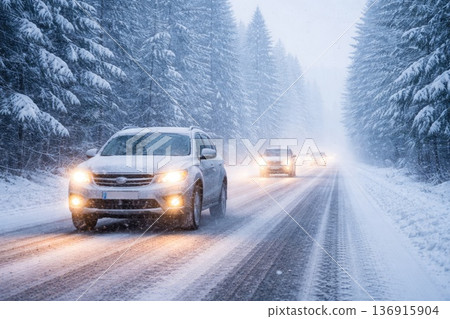 Cars driving on snowy forest road during winter snowfall Cars driving on snowy forest road during winter snowfall 136915904