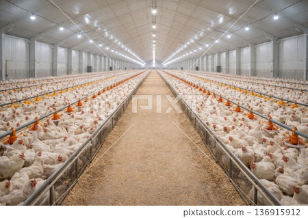 Industrial poultry farm with rows of chickens inside modern farming facility 136915912
