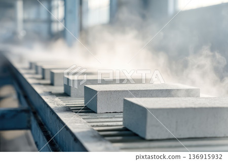 Industrial production line with concrete blocks and steam factory scene Industrial production line with concrete blocks and steam factory scene 136915932