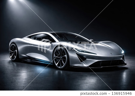Futuristic silver luxury sports car in dark studio with dramatic lighting and glossy reflections Futuristic silver luxury sports car in dark studio with dramatic lighting and glossy reflections 136915946