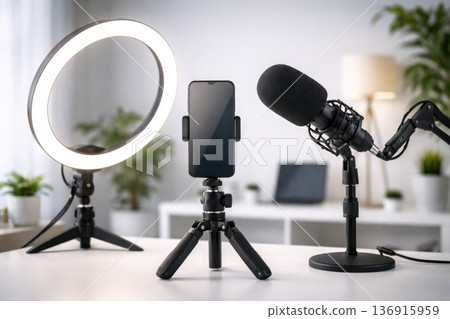 Smartphone on tripod with ring light and microphone for home video recording setup 136915959