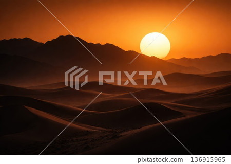 Dramatic desert landscape with sand dunes and glowing sunset over mountains Dramatic desert landscape with sand dunes and glowing sunset over mountains 136915965