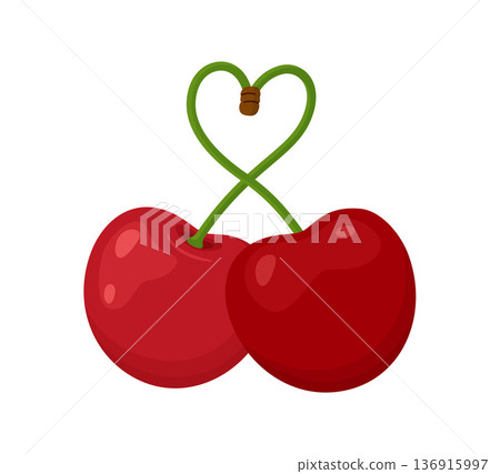 Two red cherries with green stems forming heart shape. Hand drawn flat style isolated Two red cherries with green stems forming heart shape. Hand drawn flat style isolated 136915997