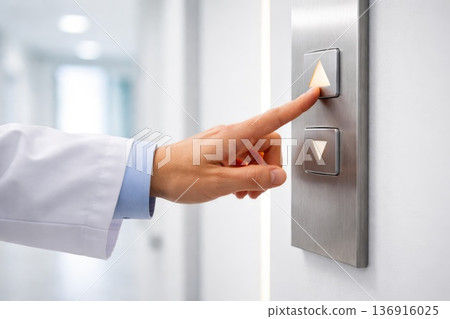 Hand pressing elevator button in modern building interior close up Hand pressing elevator button in modern building interior close up 136916025