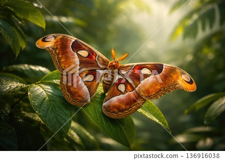 Colorful atlas moth resting on green leaf in tropical rainforest light 136916038