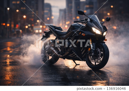 Black sport motorcycle on wet city street at night with steam and lights Black sport motorcycle on wet city street at night with steam and lights 136916046