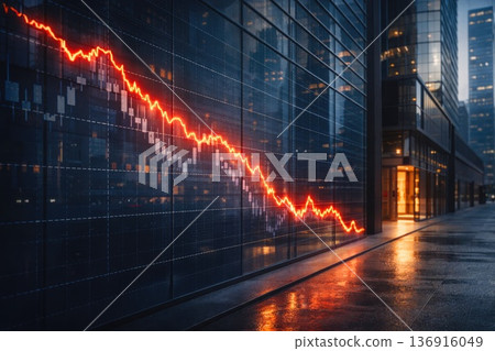 Falling stock market graph displayed on modern city building exterior 136916049