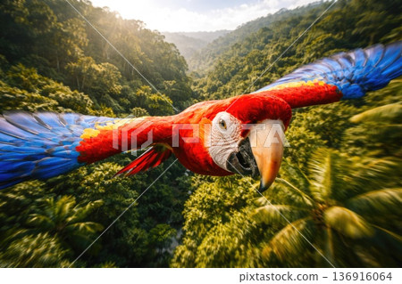Colorful red macaw parrot flying over tropical rainforest jungle landscape close up wildlife nature scene Colorful red macaw parrot flying over tropical rainforest jungle landscape close up wildlife nature scene 136916064