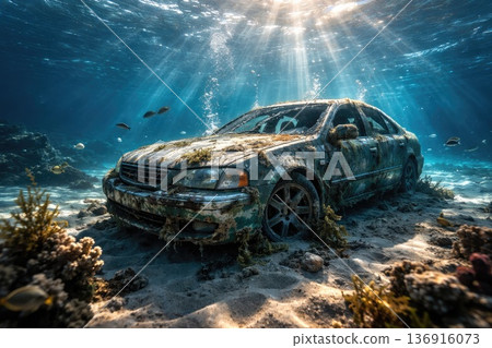 Abandoned car wreck underwater surrounded by fish and coral reef with sun rays 136916073