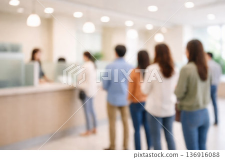 Patients standing in queue at clinic front desk healthcare service concept 136916088