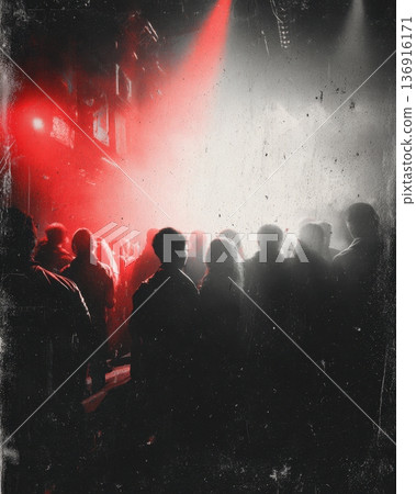 Crowd At Underground Concert With Red Light And Smoke Atmosphere 136916171