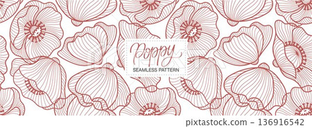Seamless Pattern Poppy Flower Background in Line Art Style, Hand-Drawn Botanical Floral Design for Fabric and Packaging in a vector Illustration Seamless Pattern Poppy Flower Background in Line Art Style, Hand-Drawn Botanical Floral Design for Fabric and Packaging in a vector Illustration 136916542