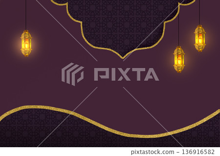 Elegant Ramadan Kareem background featuring golden glowing lanterns, geometric Islamic patterns, and gold glitter borders on a dark purple backdrop with copy space 136916582