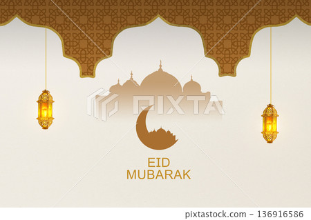 Islamic greeting card for Eid Mubarak featuring a mosque silhouette, golden hanging lanterns, and traditional geometric patterns on a cream background. Perfect for Ramadan or Eid Al-Fitr celebrations Islamic greeting card for Eid Mubarak featuring a mosque silhouette, golden hanging lanterns, and traditional geometric patterns on a cream background. Perfect for Ramadan or Eid Al-Fitr celebrations 136916586