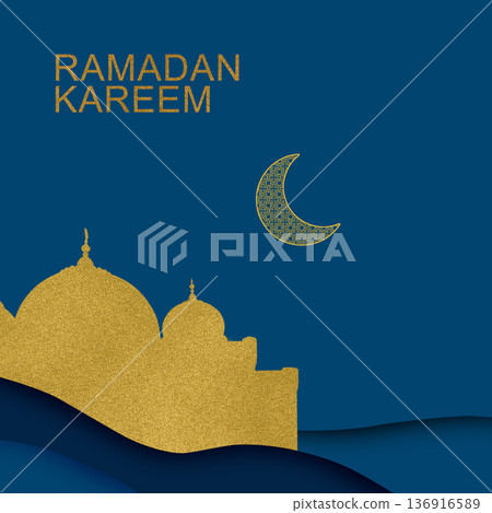 Illustration for Ramadan featuring a golden glitter mosque silhouette and a decorative crescent moon against a layered dark blue background. Elegant typography reading RAMADAN KAREEM in gold Illustration for Ramadan featuring a golden glitter mosque silhouette and a decorative crescent moon against a layered dark blue background. Elegant typography reading RAMADAN KAREEM in gold 136916589