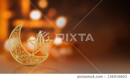 A golden glittery crescent moon and star ornament featuring intricate geometric patterns set against a warm, festive bokeh light background with ample copy space A golden glittery crescent moon and star ornament featuring intricate geometric patterns set against a warm, festive bokeh light background with ample copy space 136916603