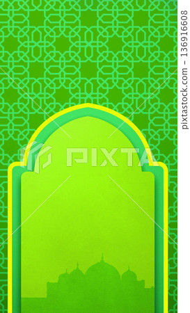 Vibrant green vertical background featuring a traditional Islamic geometric pattern. A central archway frames a mosque silhouette at the bottom, ideal for Ramadan or Eid greetings and social media 136916608