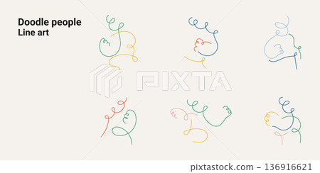 Doodle people line art set with abstract human figures in one line drawing. Continuous line minimalist vector illustration collection for modern creative design projects colorful. 136916621