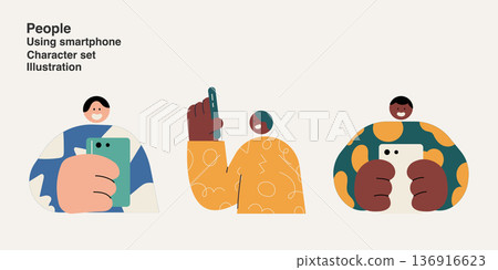 People using smartphone character set with diverse users holding mobile phones. Flat design vector illustration collection for mobile technology, digital lifestyle and app concepts. 136916623