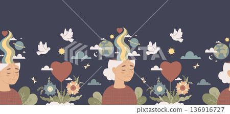 Senior Mental Health Seamless Border. Elderly Woman with Rainbow, Flowers, Heart Planets Space and Dove Birds on Blue Background. Horizontal Vector Illustration. Wellness Web Divider and Tape Design Senior Mental Health Seamless Border. Elderly Woman with Rainbow, Flowers, Heart Planets Space and Dove Birds on Blue Background. Horizontal Vector Illustration. Wellness Web Divider and Tape Design 136916727