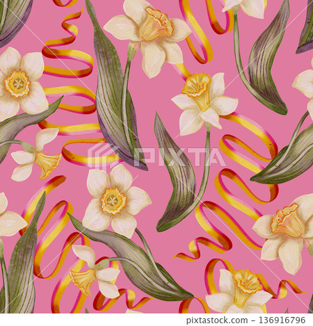Watercolor daffodils, floral seamless pattern. Vintage romantic spring garden background. Daffodils flowers pattern. Spring. Holiday. Wrapping paper. Card. Flowers. Botanical print. Spring background 136916796