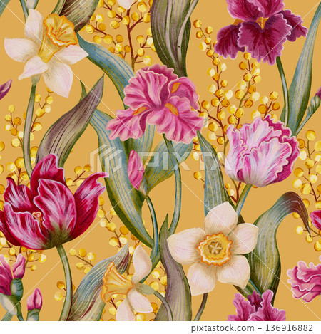 Watercolor tulips, irises, daffodils, mimosa. Floral seamless pattern. Vintage romantic background. Tulip flowers pattern. Spring. Holiday. Wrapping paper. Card. Flowers. Botanical print 136916882