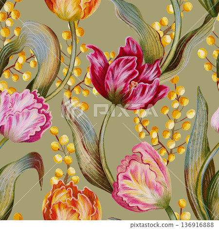 Watercolor tulips, floral seamless pattern. Vintage romantic spring garden background. Tulips flowers pattern. Spring. Holiday. Wrapping paper. Card. Flowers. Botanical print. Spring background. 136916888