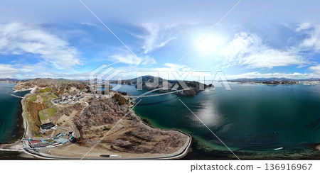 Aerial VR photography of Kesennuma Oshima Bridge in winter Aerial VR photography of Kesennuma Oshima Bridge in winter 136916967