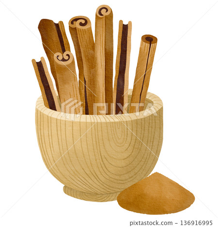 Hand-drawn watercolor cinnamon powder and sticks in a wooden bowl illustration for packaging, ingredients or branding Hand-drawn watercolor cinnamon powder and sticks in a wooden bowl illustration for packaging, ingredients or branding 136916995
