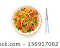 Chow Mein noodles with chicken and vegetables, overhead flat lay shot 136917062