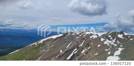 Mountain landscape with snow patches and green valley under cloudy sky. Nature background for travel and outdoor adventure concept. Mountain landscape with snow patches and green valley under cloudy sky. Nature background for travel and outdoor adventure concept. 136917120